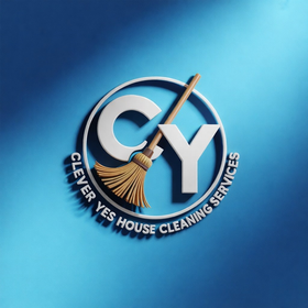 A 3D logo for Clever Yes House Cleaning Services featuring a broom across the letters CY inside a blue circular frame.