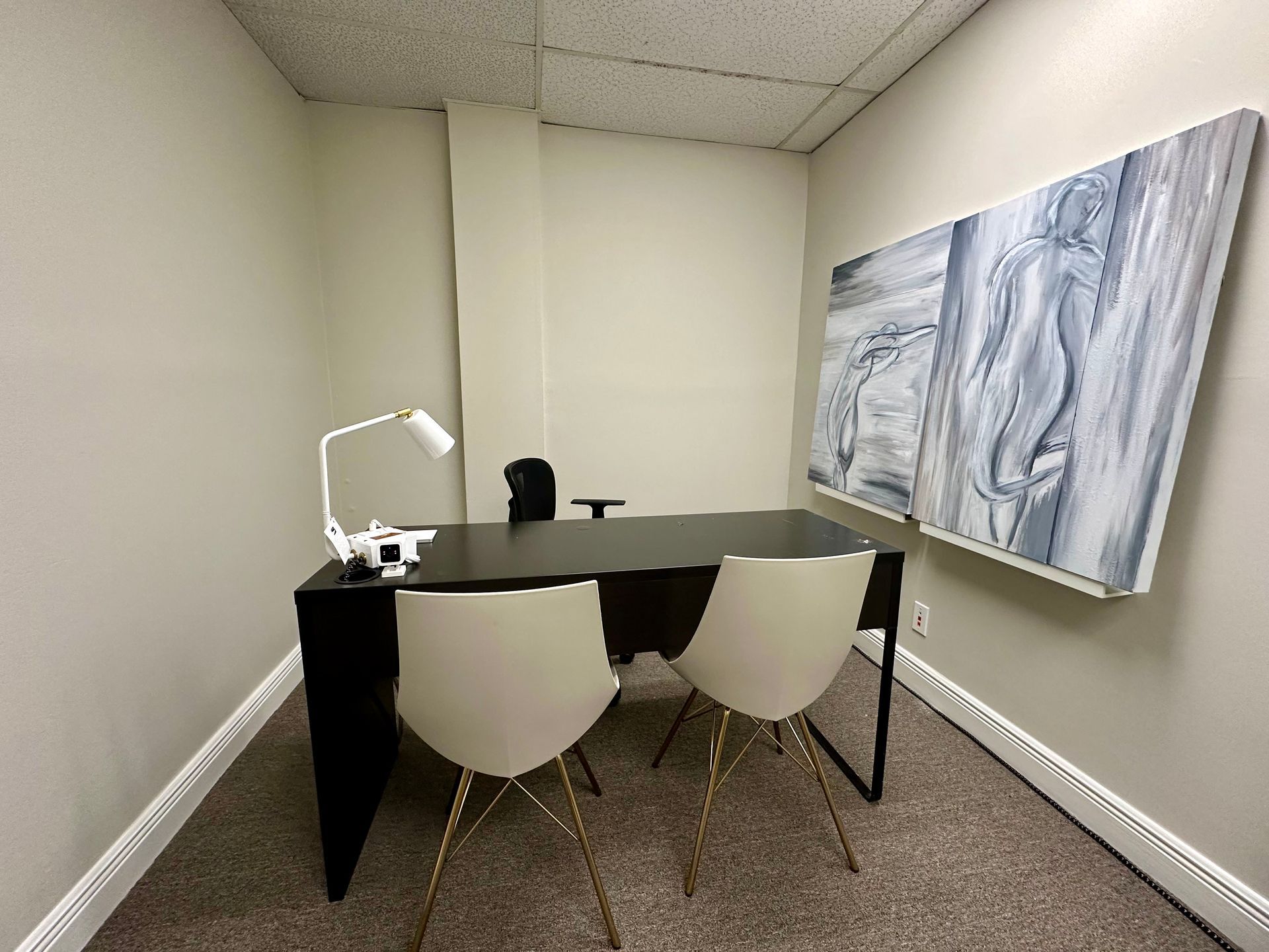 Small office with desk, two chairs, and artwork on the wall. The walls are light grey, the furniture is black and white.