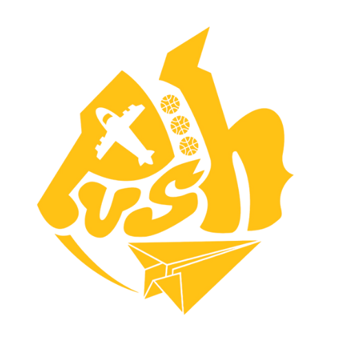 Yellow logo with stylized fist holding an airplane and paper plane; text 