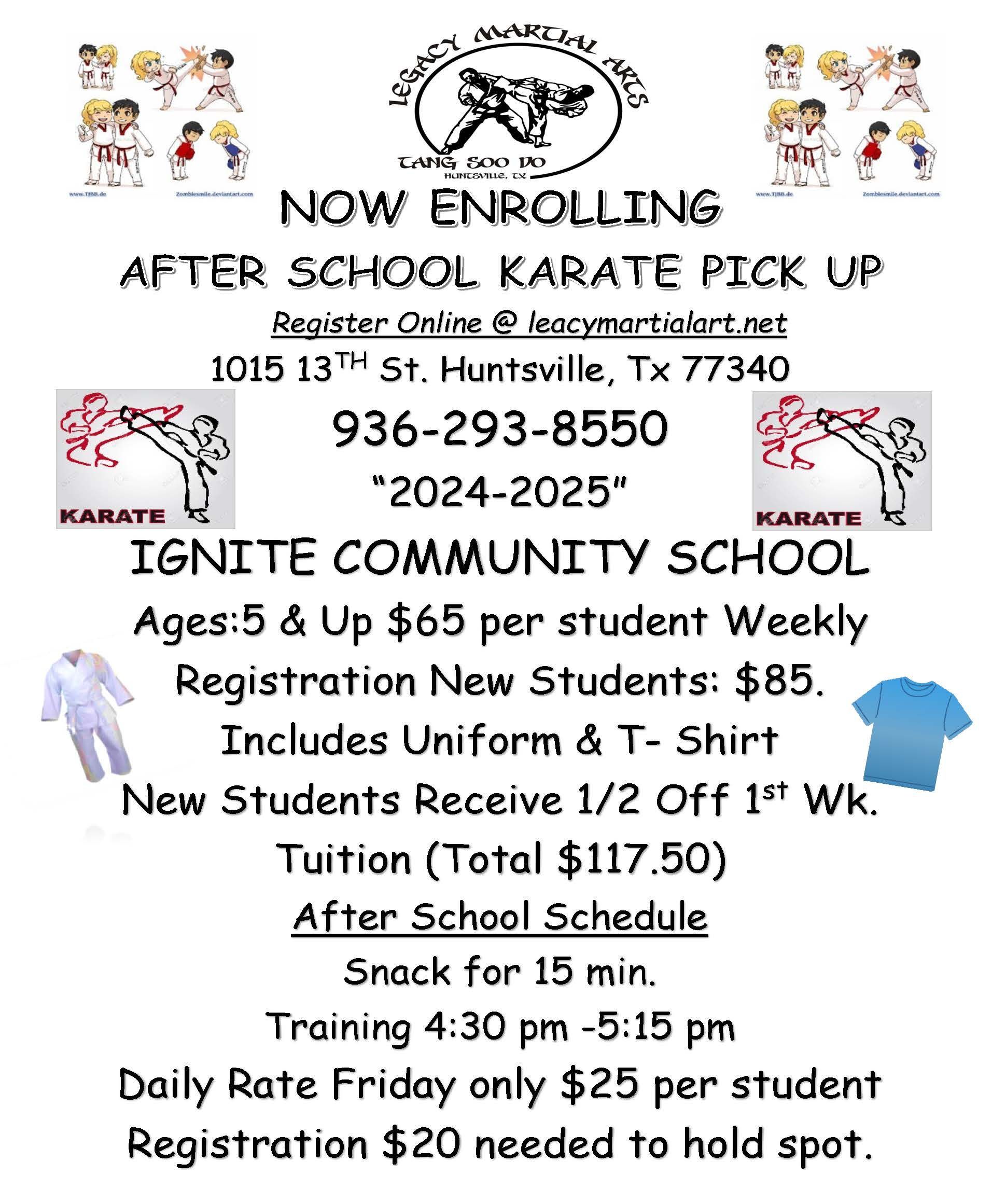 A flyer for an after school karate pick up at ignite community school.
