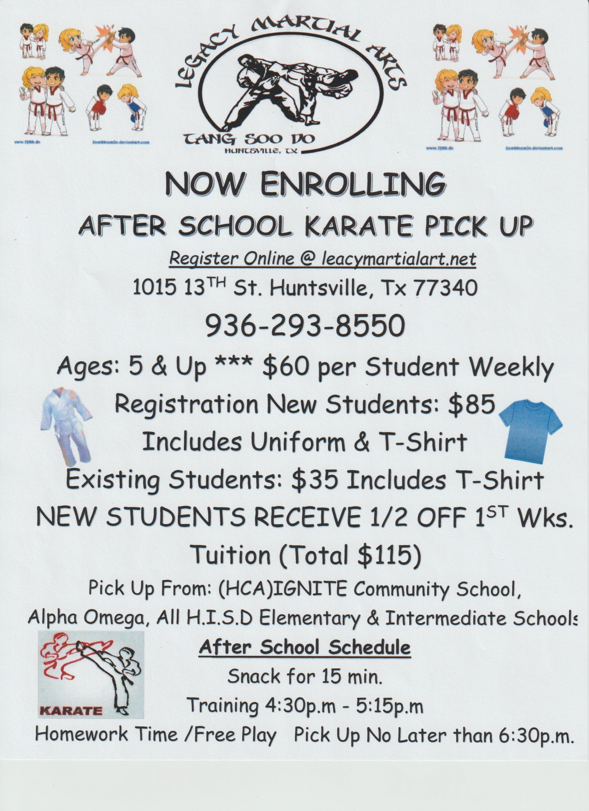 A poster that says now enrolling after school karate pick up