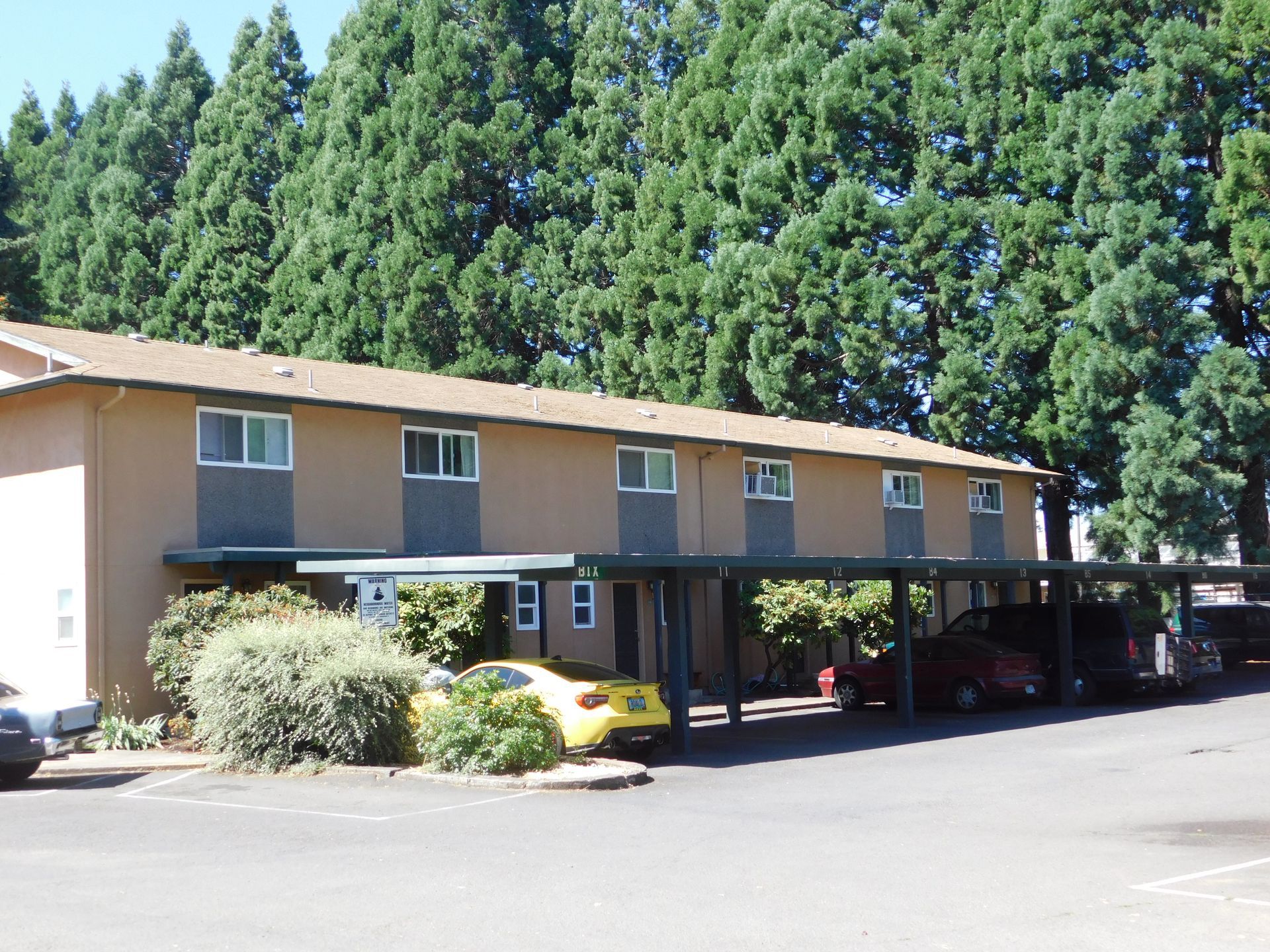 Two-story tan apartment building with carports, cars parked, and large trees in the background.