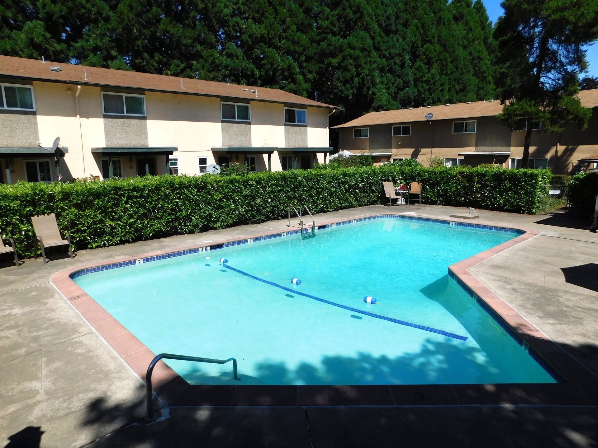 Pool in front of two-story apartments, surrounded by hedges, on a sunny day.