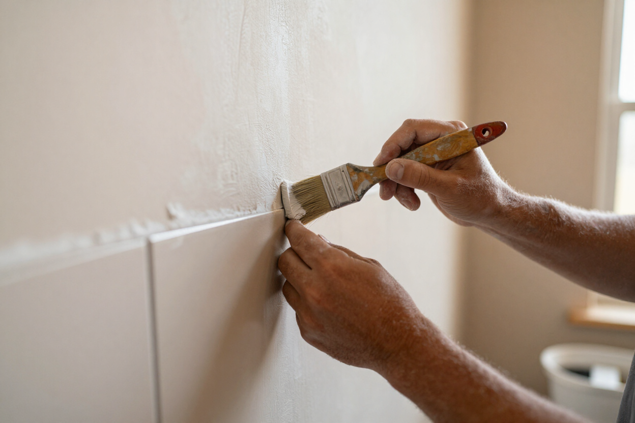 Hands using a paintbrush to apply white paint along a wall seam indoors