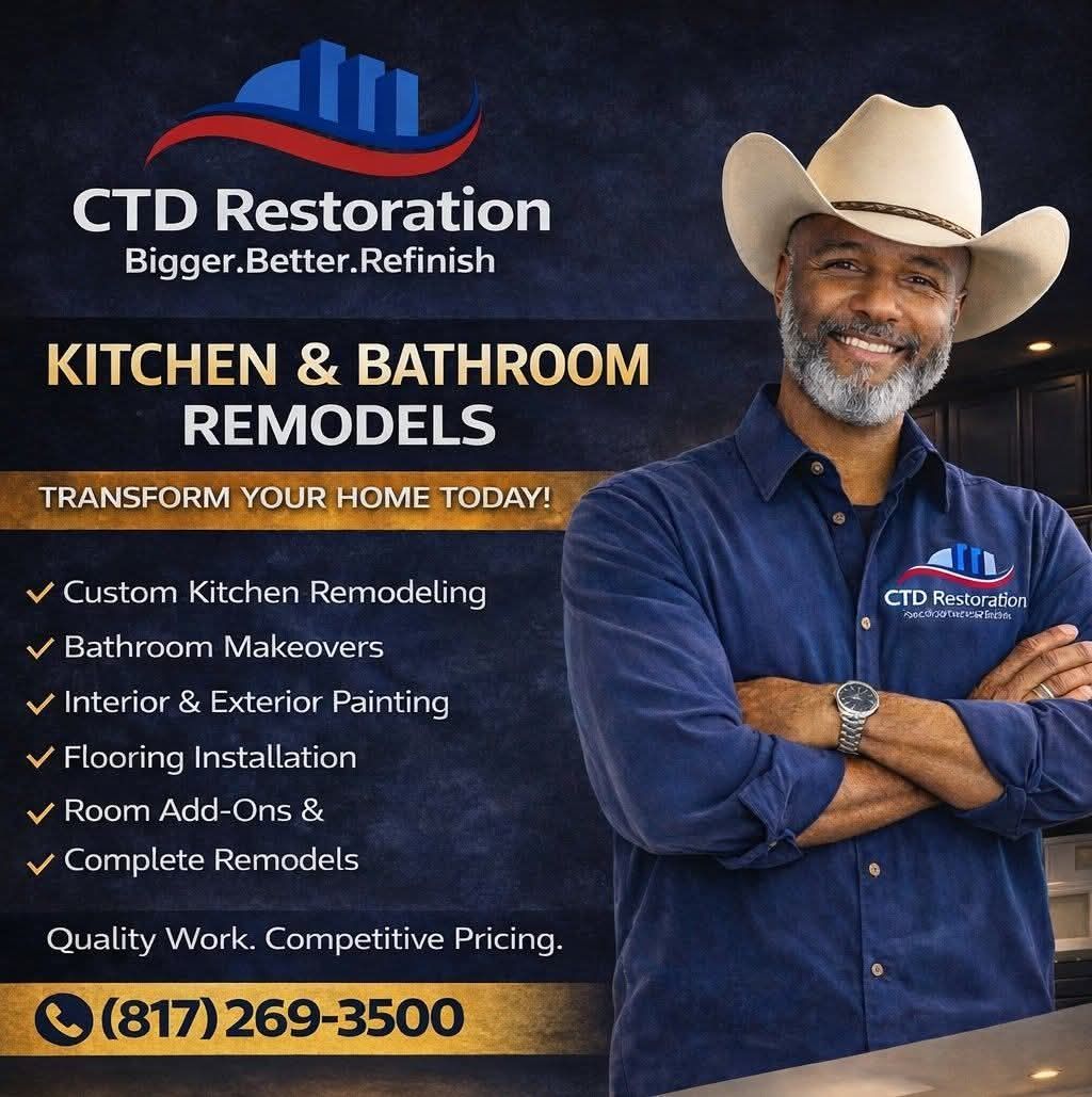 CTD Restoration kitchen and bathroom remodel ad with smiling man in cowboy hat and blue shirt, phone number displayed