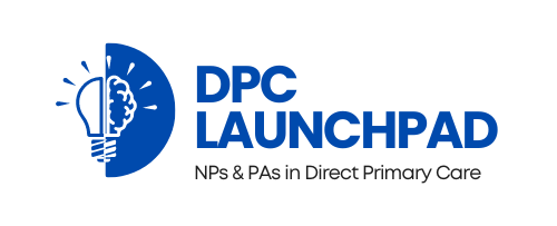 Logo for DPC Launchpad, featuring a blue lightbulb and brain. Text reads 