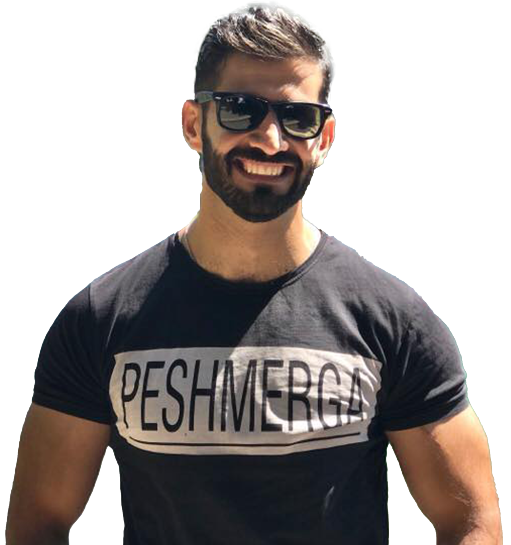 A man with a beard wearing sunglasses and a black t-shirt that says peshmerga