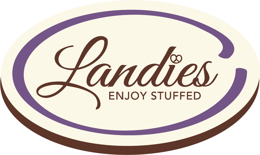 The logo for landies enjoy stuffed is a purple and white oval.