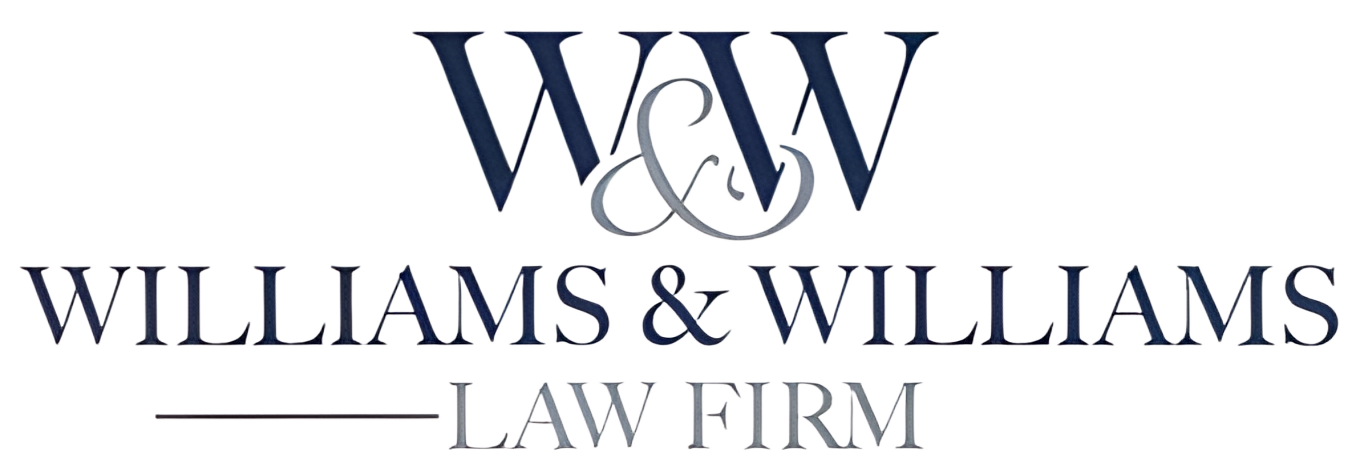Williams & Williams Law Firm logo with navy text and stylized W&W monogram on a white background