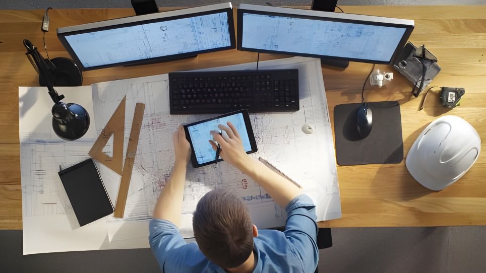 Persona que usa una tableta en un escritorio con planos, monitores duales, teclado, mouse y casco.