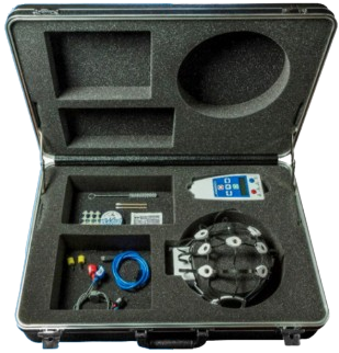 Open black case with electronic device, cables, and accessories neatly arranged inside.