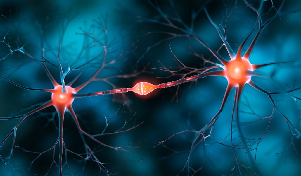 Stylized neurons glowing orange on a blue neural network background
