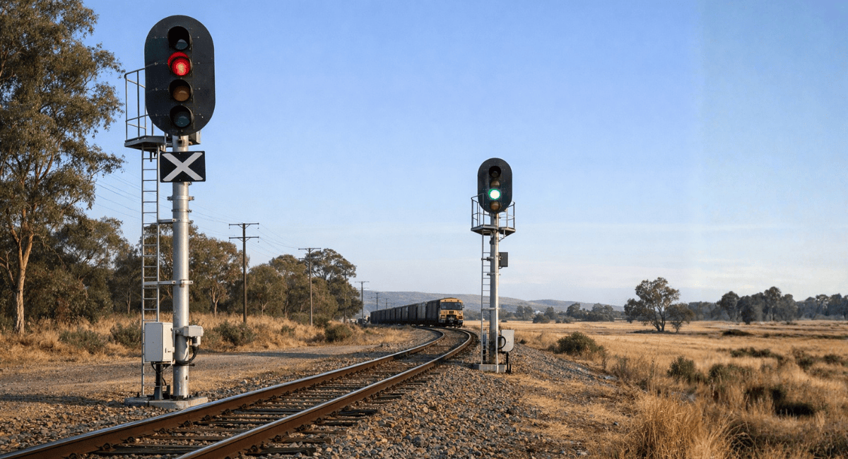 A freight train travels along a rural railway track past a signal post showing a red light.