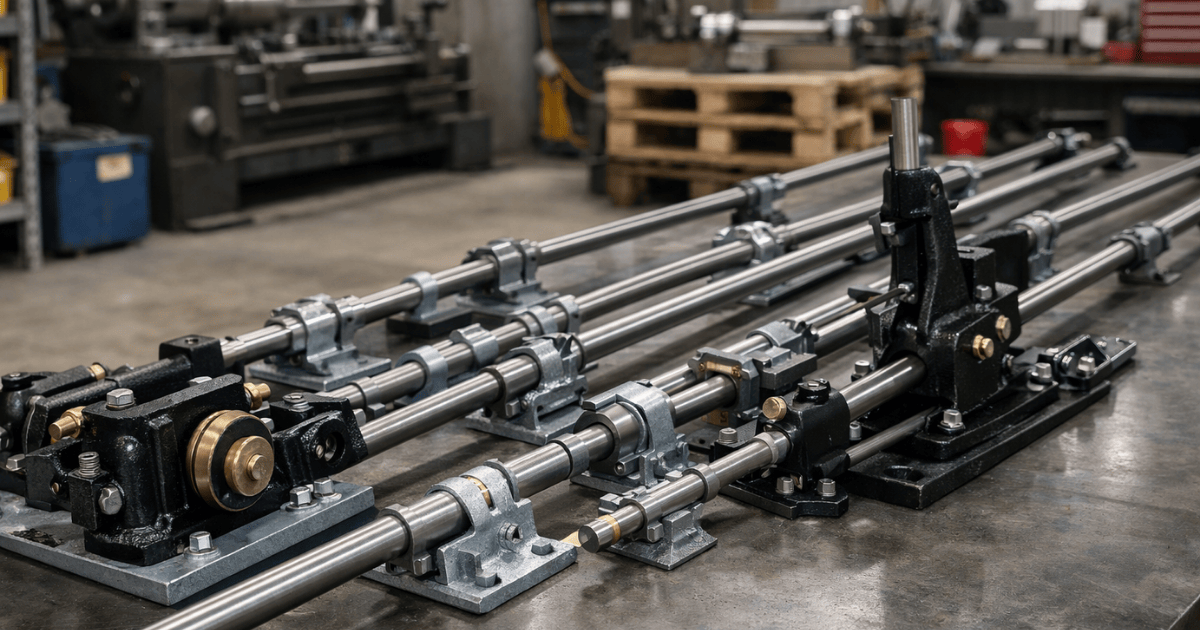 Three industrial lead screw assemblies with metal carriages and mounting brackets on a workbench in a machine shop.