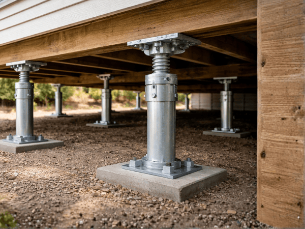 Adjustable metal deck piers support a wooden structure over a gravel ground surface.