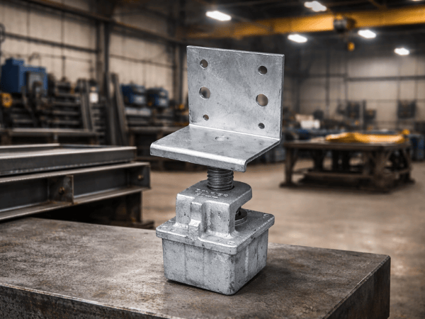 A galvanized steel adjustable post base with an L-shaped bracket sitting on a workbench in a metal fabrication workshop.