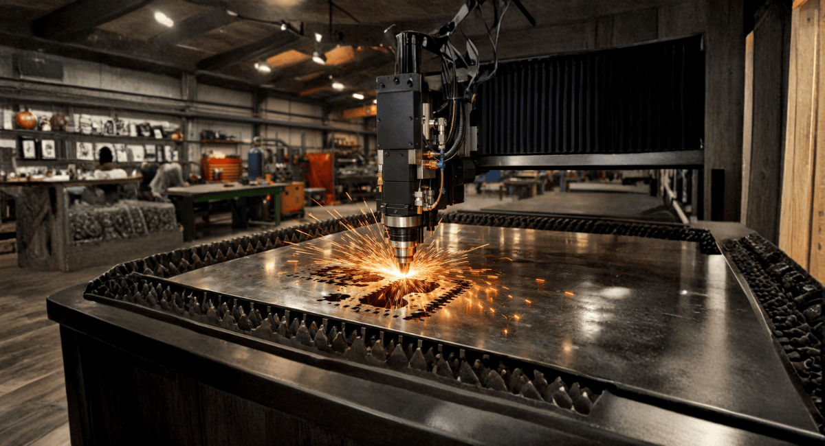 Plasma cutting machine working on metal sheet with sparks.