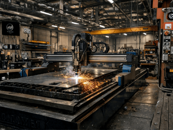 A CNC plasma cutter creates sparks as it slices through a large metal sheet in an industrial workshop.