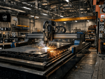 A CNC plasma cutter creates bright orange sparks while cutting a large metal sheet in an industrial workshop.