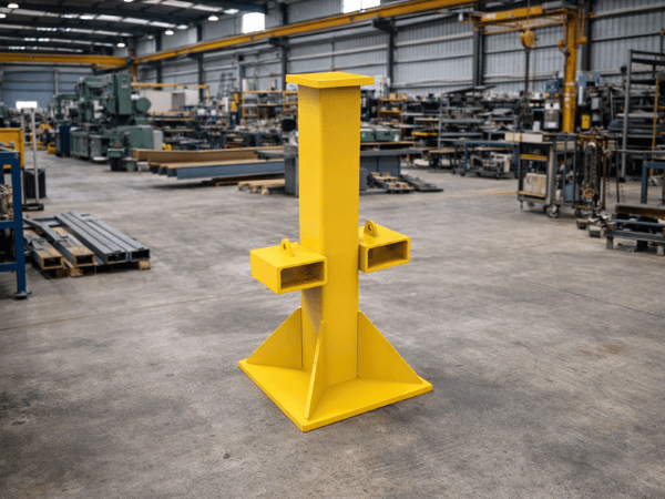 Yellow metal support structure in a factory.