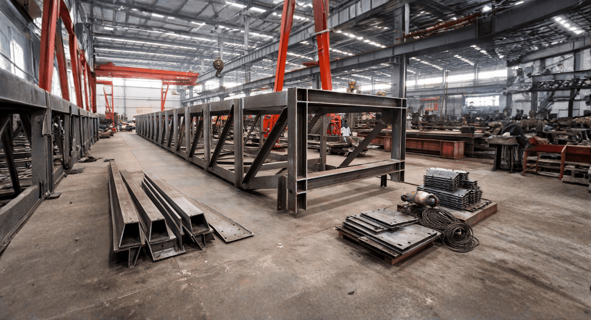 An industrial steel fabrication workshop featuring long metal trusses, steel beams on the floor, and overhead cranes.