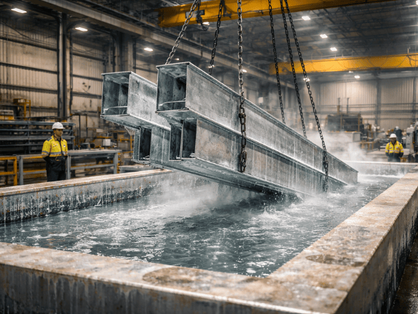 Steel beams are lowered by an overhead crane into a large vat of liquid in an industrial facility.