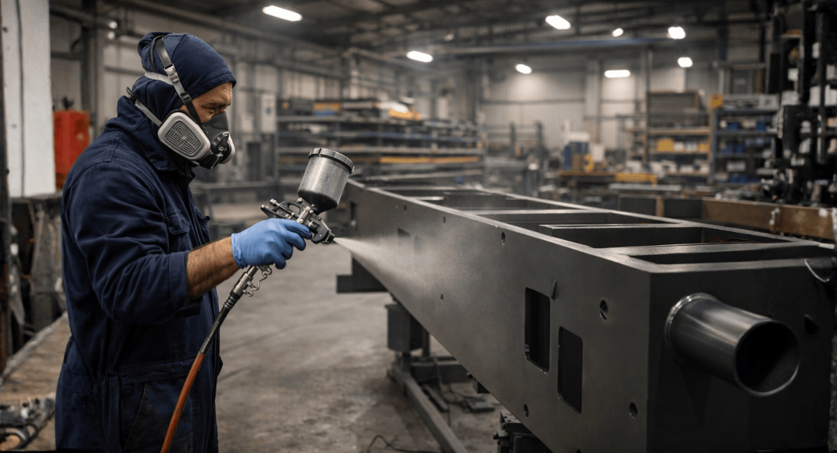 A worker in protective gear uses a spray gun to apply dark paint to a large metal structure in a workshop.