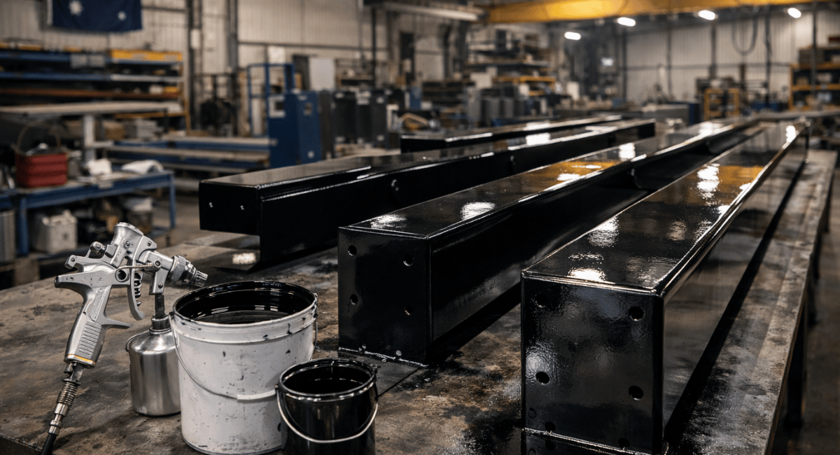 A spray gun and buckets of black paint sit on a workshop table near several freshly painted, glossy black steel beams.