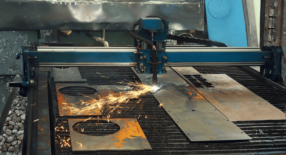 A blue CNC plasma cutter creates sparks as it slices through a metal sheet on a slatted industrial cutting table.