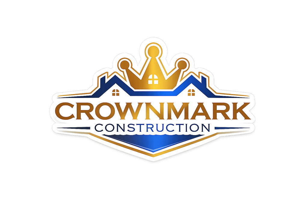 CrownMark Construction logo with gold crown and blue roof line