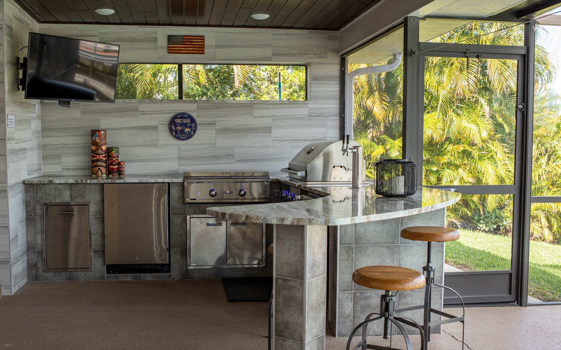 Tile J shape outdoor kitchen, Coyote BBQ Grill, Fridge, custom, backsplash, granite countertop , Babcock Ranch