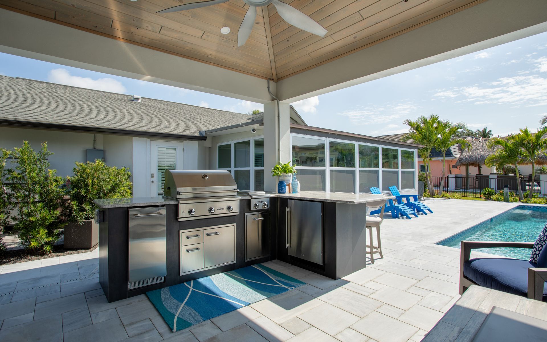 Small L Shape Outdoor Kitchen, Granite backsplash, Delta Heat grill, Estero FL