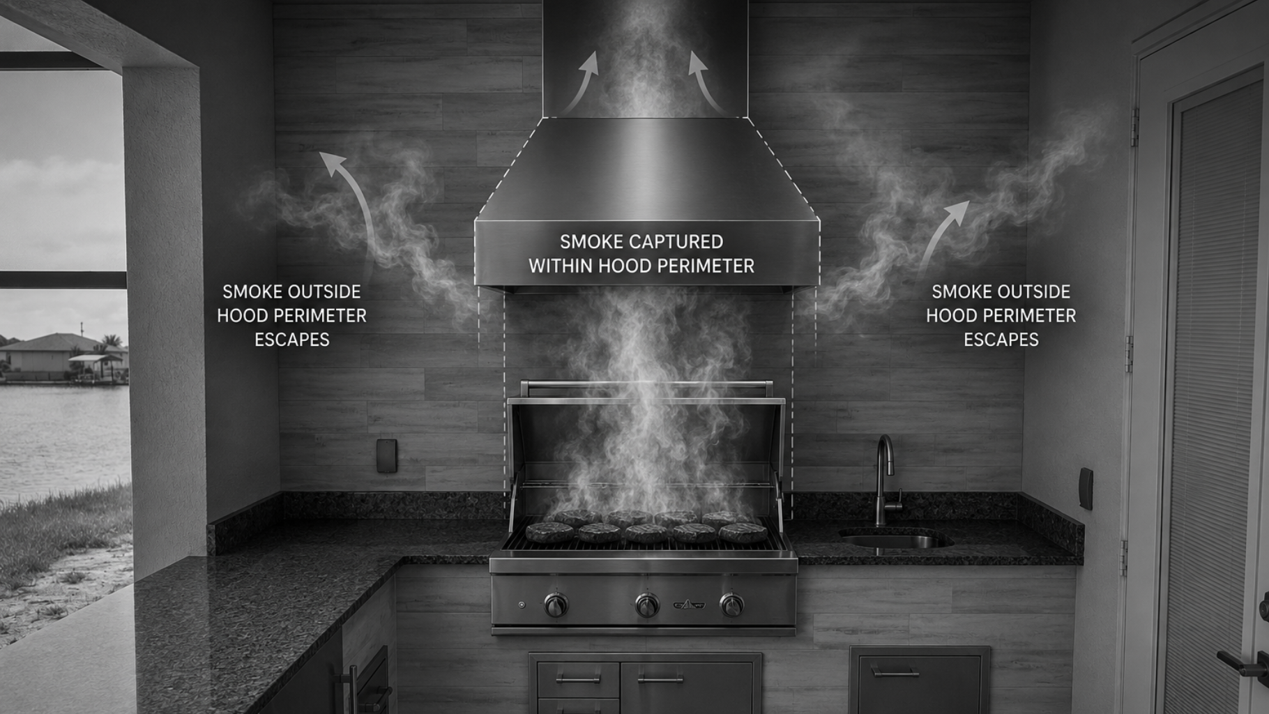 outdoor vent hood with two main walls and a short wall captures 60 percent smoke HL Posey Builders