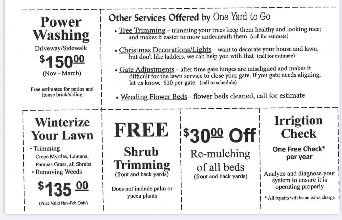 A coupon for power washing and other services offered by one time to go