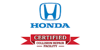 Honda Certified Collision Repair Facility logo with blue Honda emblem and red ribbon banner