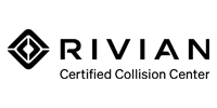 Rivian Certified Collision Center logo with black text and diamond icon on a white background