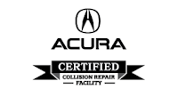 Acura Certified Collision Repair Facility logo with black and white text and emblem