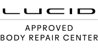 Lucid approved body repair center logo in black and white.