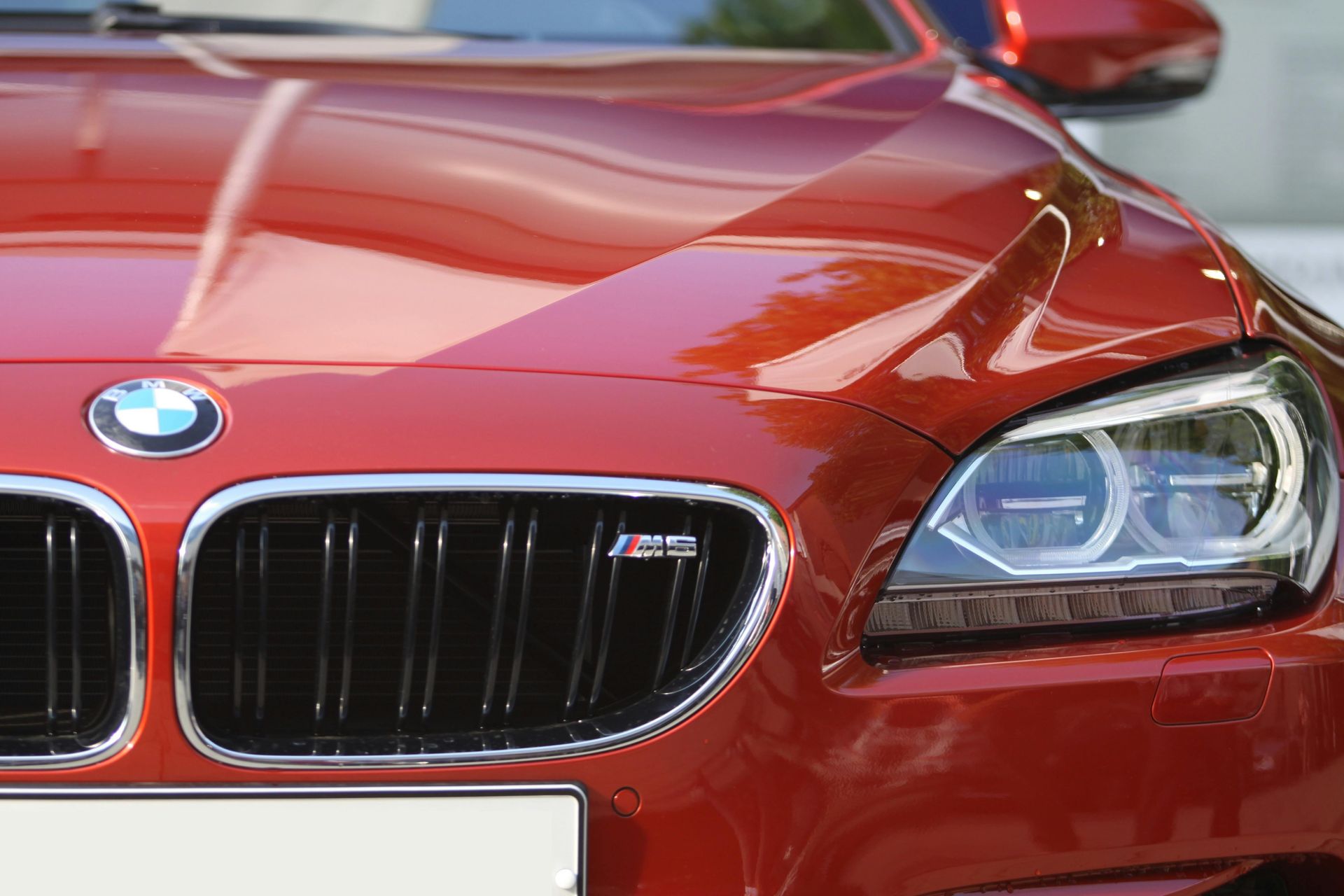 Front view of a red BMW car with grille and headlight visible