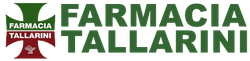 Logo della Farmacia Tallarini, con simbolo e testo a forma di croce verde e marrone.
