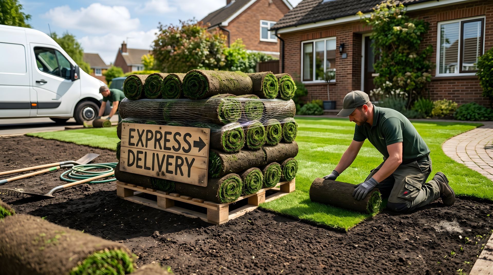 A residential backyard garden having a fresh, natural grass turf installation. Fresh sod rolls stacked on a pallet ready for residential sod delivery services