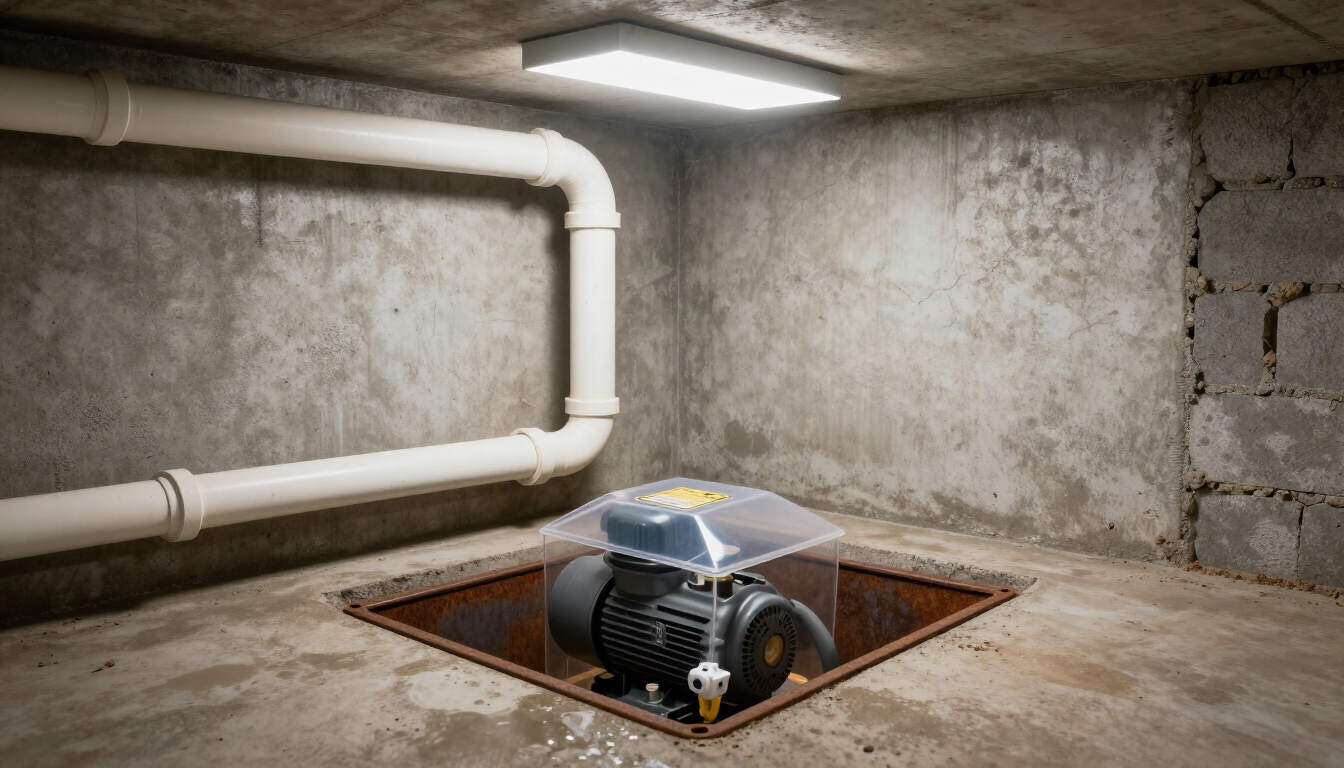 Basement utility room with white pipes and a square floor hatch revealing a metal machine below.