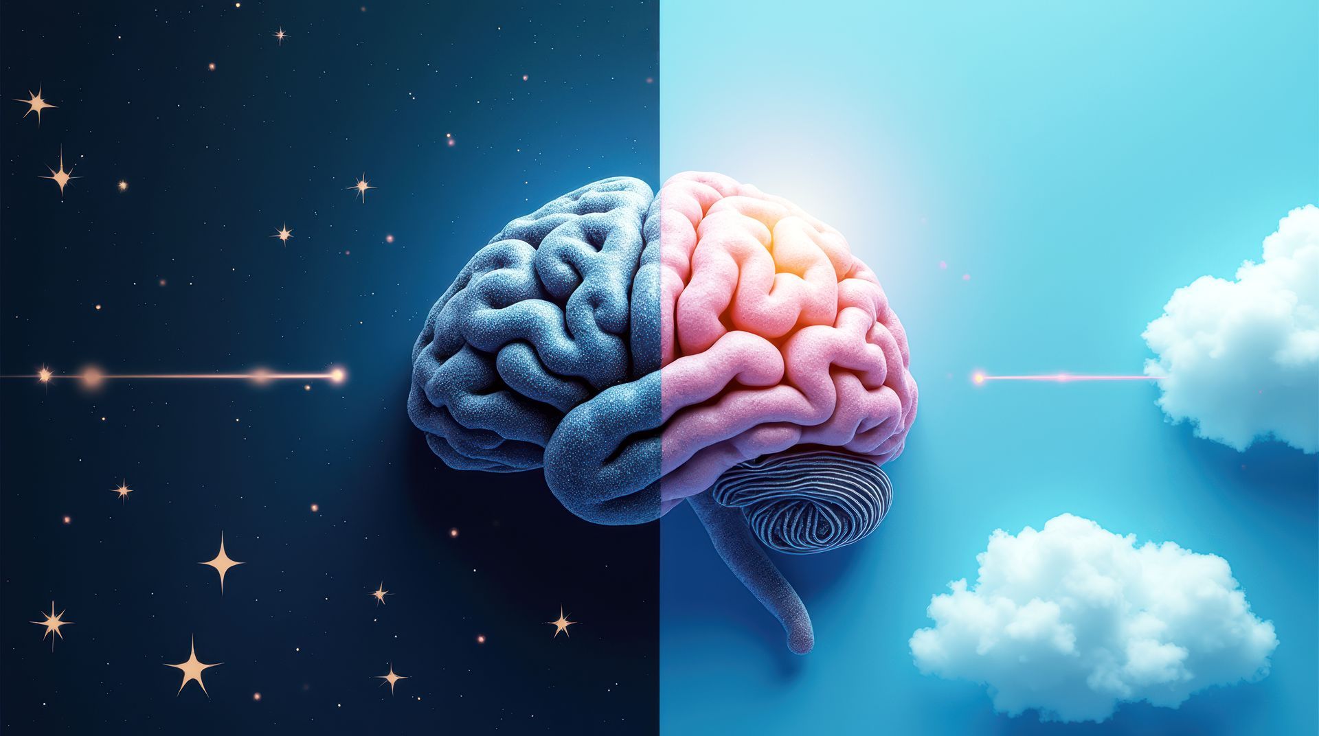 Brain split: Night sky on left; blue, cloud-filled sky on right; the brain’s halves correspond, one blue, one pink.