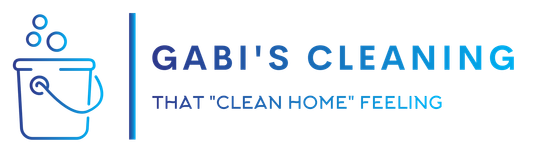 Logo for Gabi's Cleaning, featuring a bucket and bubbles, text: 
