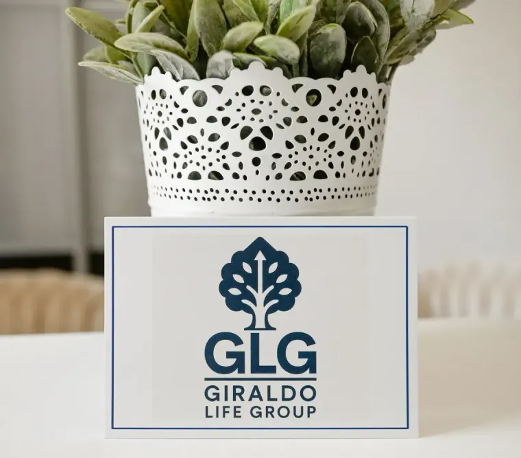 A business card with the dark blue 