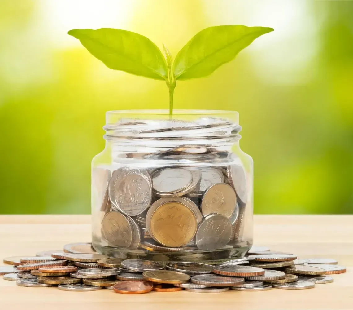 Mason jar of coins with a small green plant growing on a wooden table, symbolizing savings and growth