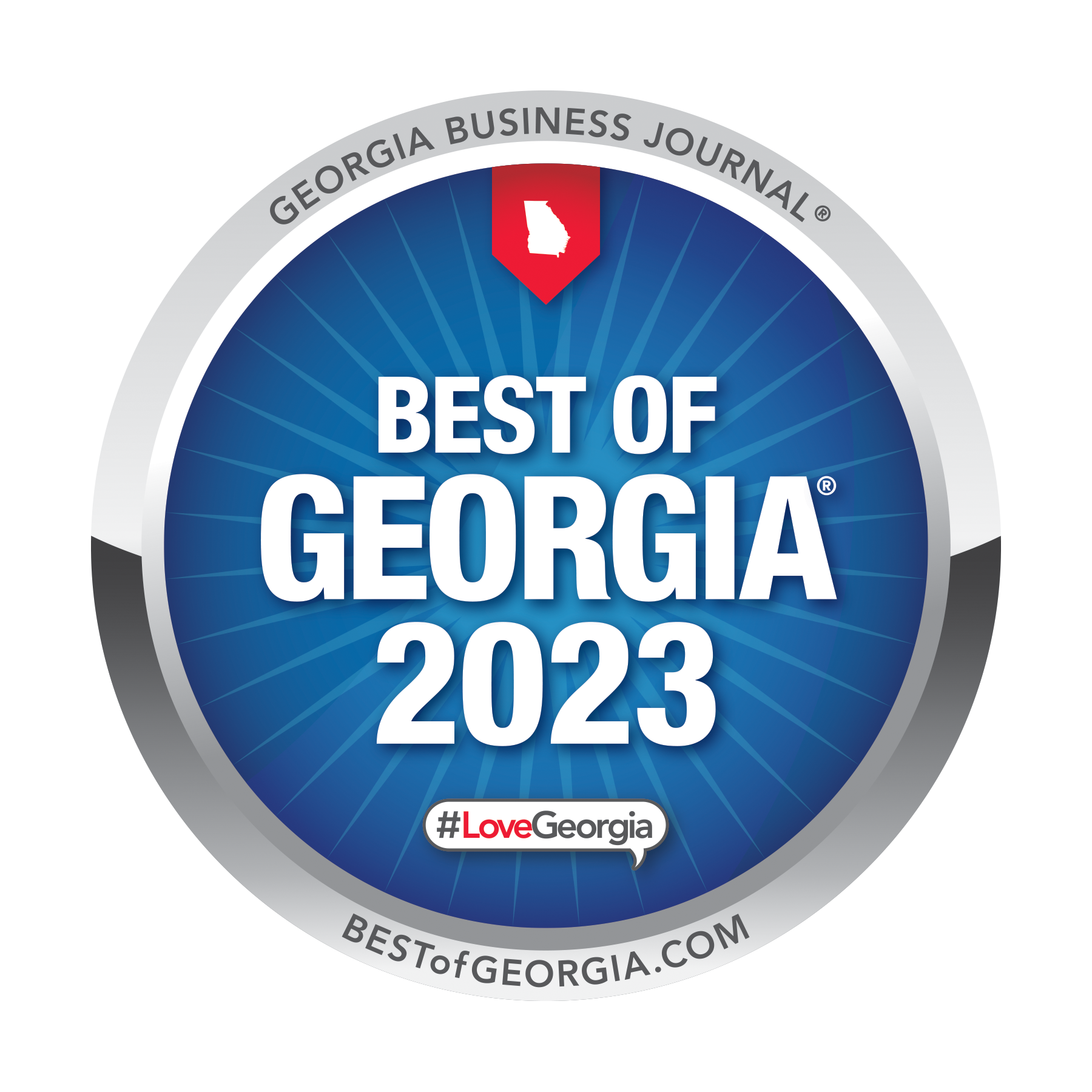 Best of Georgia 2023 award badge in blue and silver with a Georgia outline and