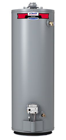 A gray water heater is sitting on a white surface.