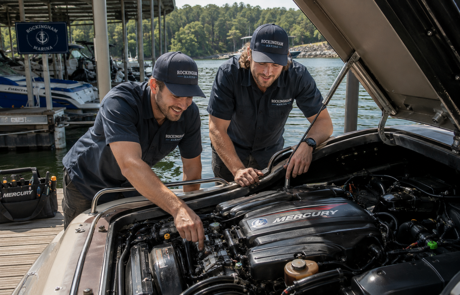 The Rockingham boat mechanics are fixing an inboard boat motor from one of the slilps at the Marina.