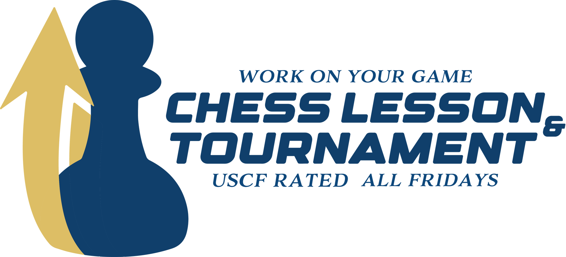 A logo for a chess lesson tournament with a chess piece and an arrow.